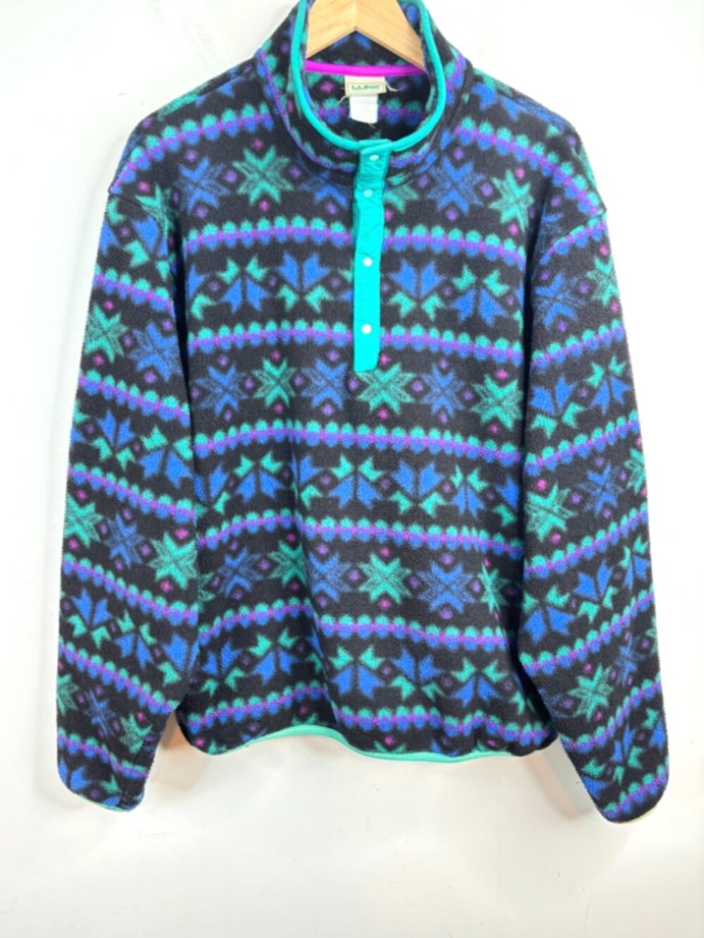 VTG 90s LL Bean Snap Fleece Jacket Unisex XXL Teal Purple Aztec Snowflake